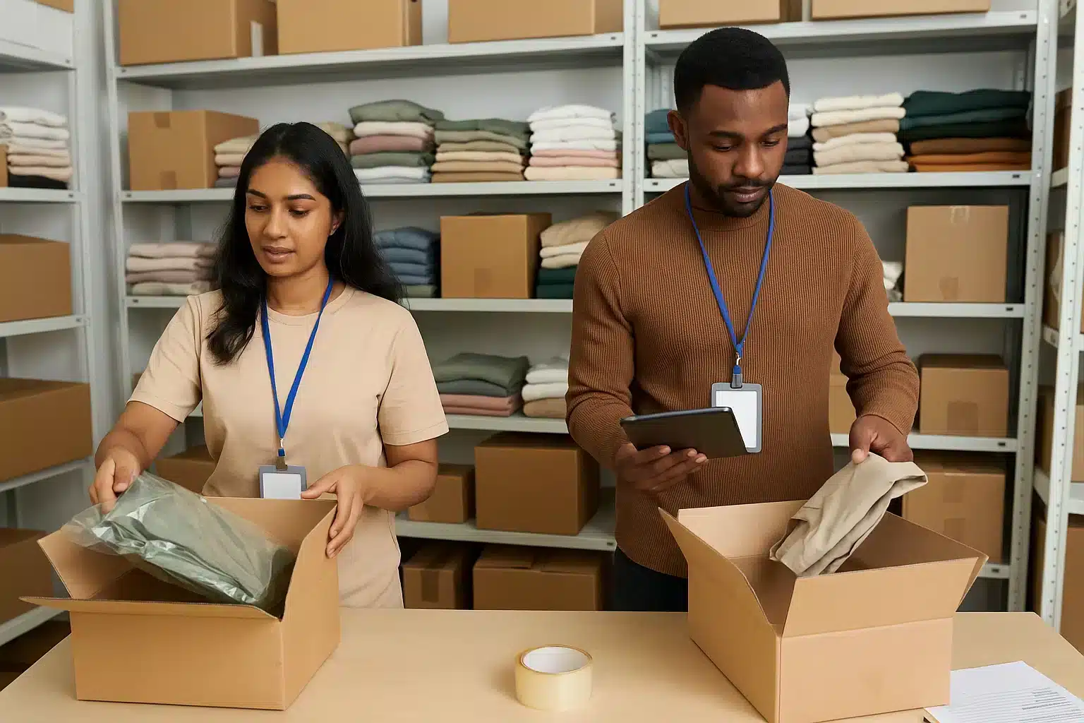 Retail workers packing an online order